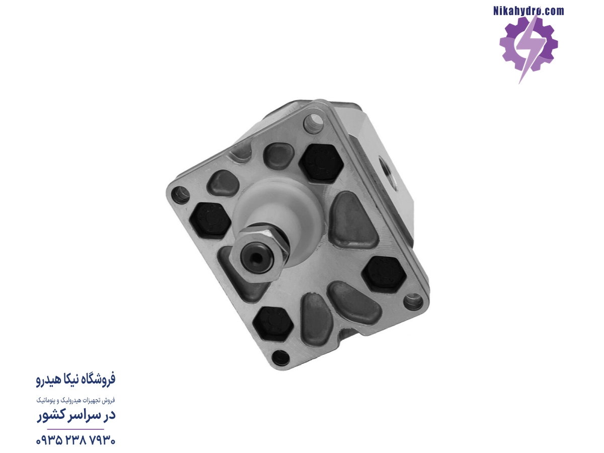 نمای رو به روی پمپ هیدرولیک دنده ای مرزوچی مدل ALP2-D-6 که شفت مخروطی و فلنج پمپ نشان داده شده است.