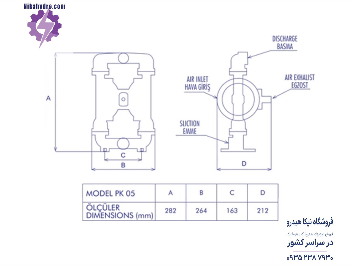 ابعاد پمپ دیافراگمی 3/4 اینچی بدنه آلومینیومی پمکار به همراه موقعیت پورت هوای فشرده و ورودی و خروجی پمپ نشان داده شده است.