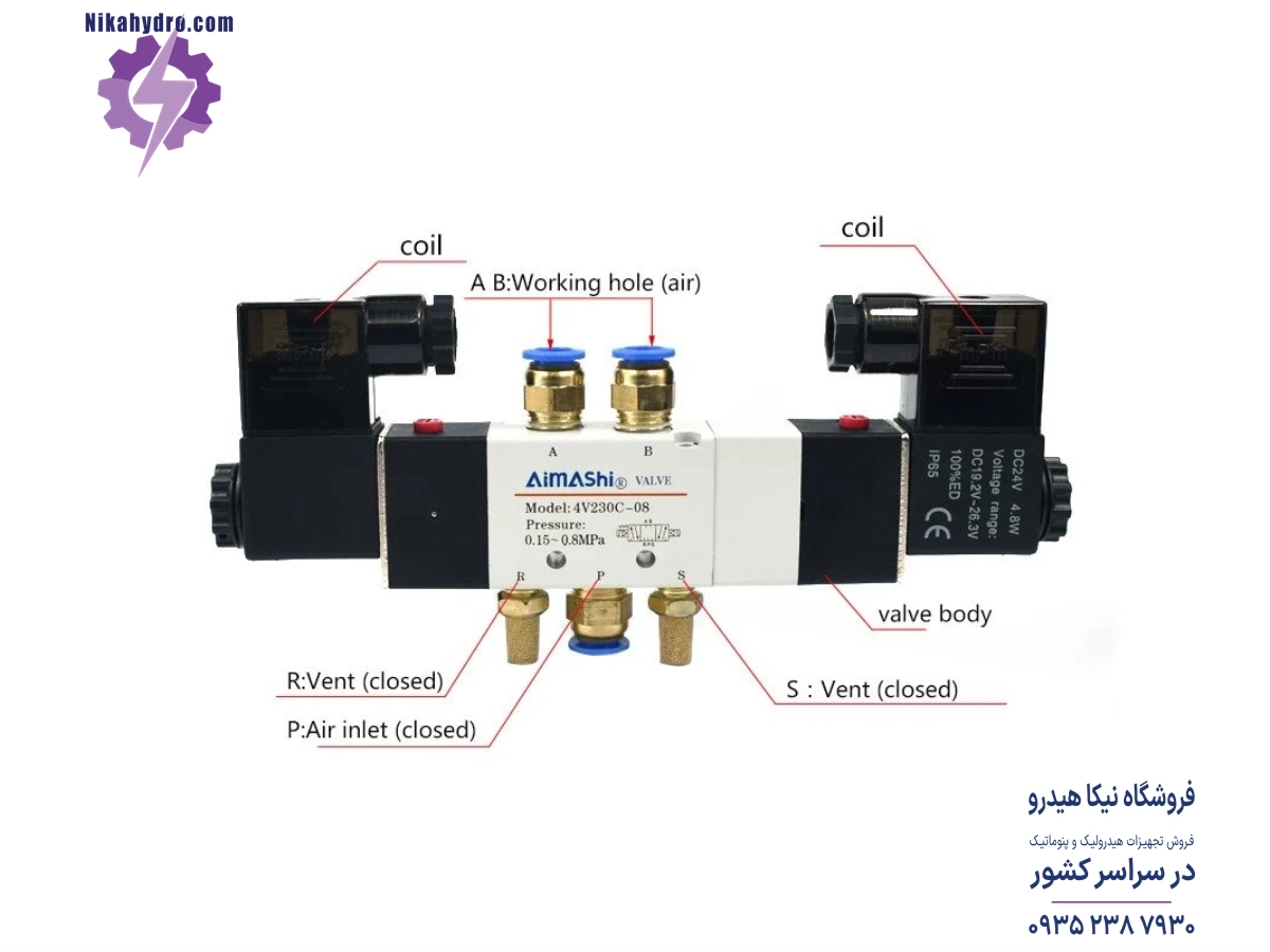 شیر برقی پنوماتیک 5/3 سایز 1/4 اینچ