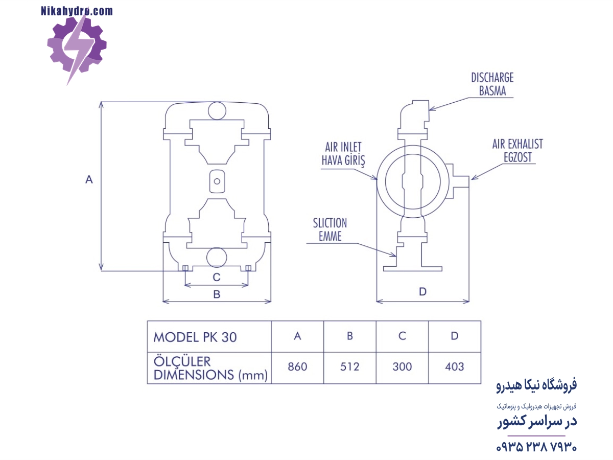 ابعاد پمپ پمکار مدل PK20 PP-N