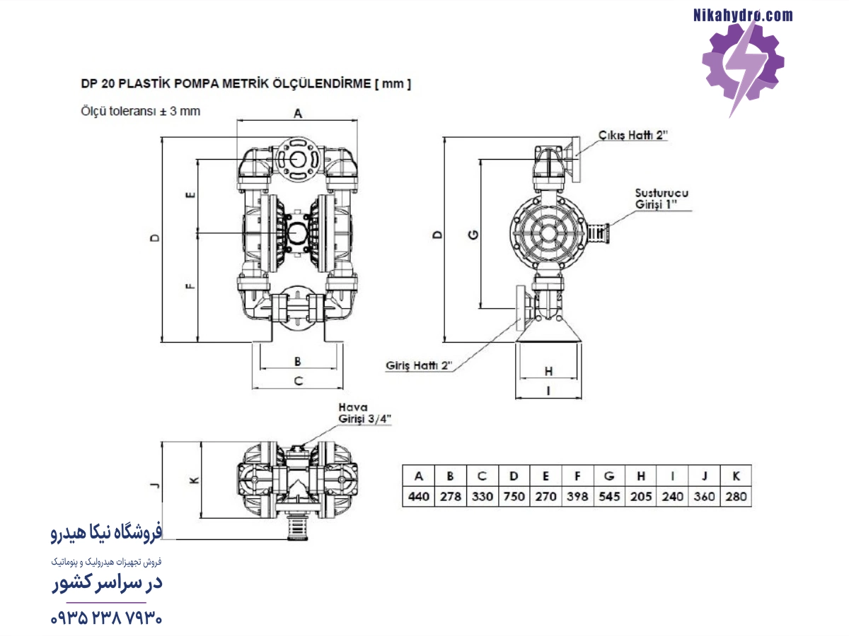 ابعاد پمپ ضد اسید دیا مدل DP20 PVDF-T