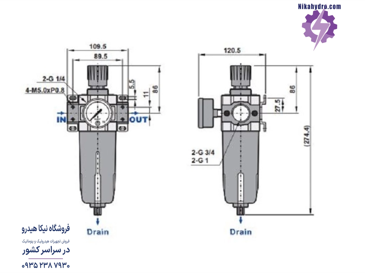 ابعاد فیلتر رگلاتور پنوماتیک 3/4 اینچی شاکو