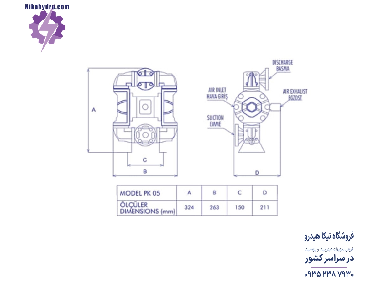 ابعاد  پمپ دیافراگمی پنوماتیکی مدل PK05 PP/S بر حسب میلیمتر