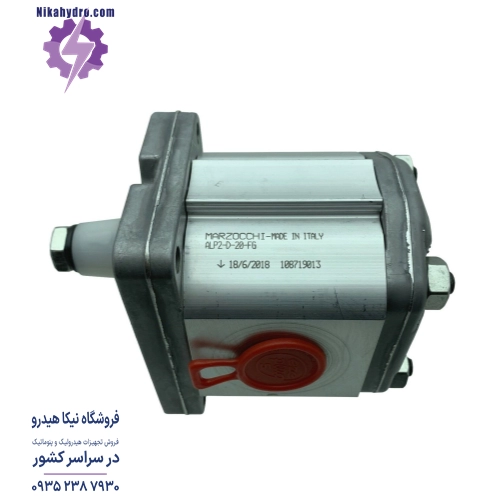 نمای جانبی پمپ هیدرولیک دنده ای مرزوچی مدل ALP2-D-20 که بر روی بدنه پمپ مدل آن حک شده است.